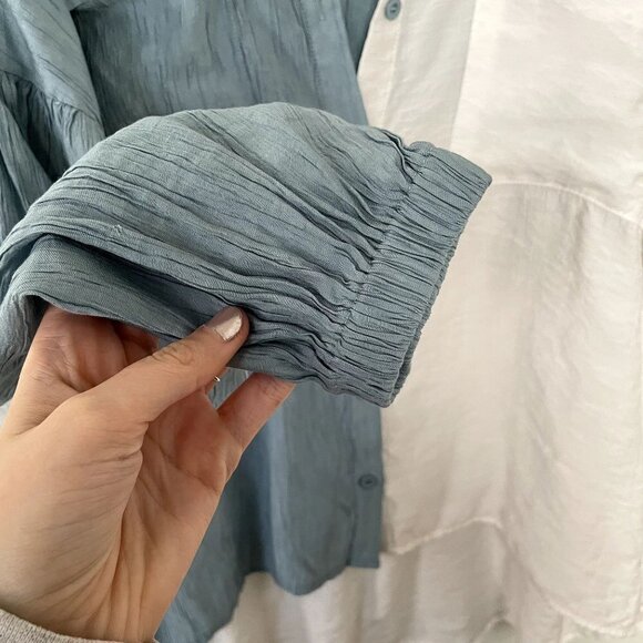 Chicsoul rayon blue white colorblock long sleeved button down top women size 2X - Picture 4 of 6